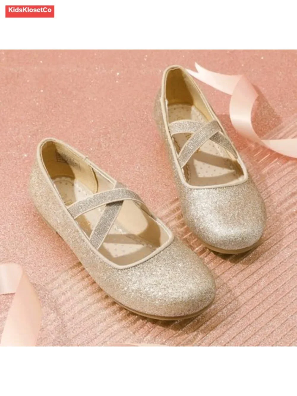 Girls Mary Jane Flats Crossover Strap Ballerina Shoes Sparkly Glitter TPR Sole